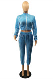 Blue Fashion Casual Solid Basic Zipper Collar Long Sleeve Two Pieces