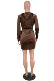 Brown Fashion Sexy Solid Basic Hooded Collar Long Sleeve Dresses