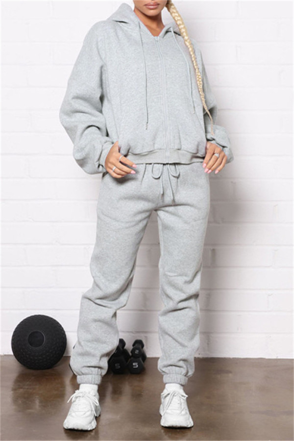 Grey Fashion Casual Solid Basic Hooded Collar Long Sleeve Two Pieces