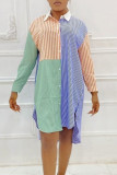 Multicolor Fashion Casual Striped Patchwork Asymmetrical Turndown Collar Shirt Dress