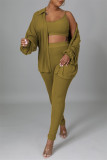 Brown Fashion Casual Solid Cardigan Vests Pants Turndown Collar Long Sleeve Three-piece Set