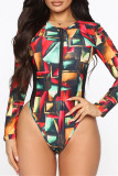 Black Fashion Sexy Print Patchwork Zipper Collar Long Sleeve Skinny Romper