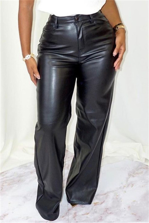 Black Fashion Casual Solid Basic Regular High Waist Straight Trousers