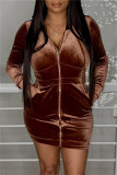 Brown Fashion Sexy Solid Basic Hooded Collar Long Sleeve Dresses