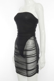 Red Sexy Solid Patchwork See-through Fold Strapless Pencil Skirt Dresses