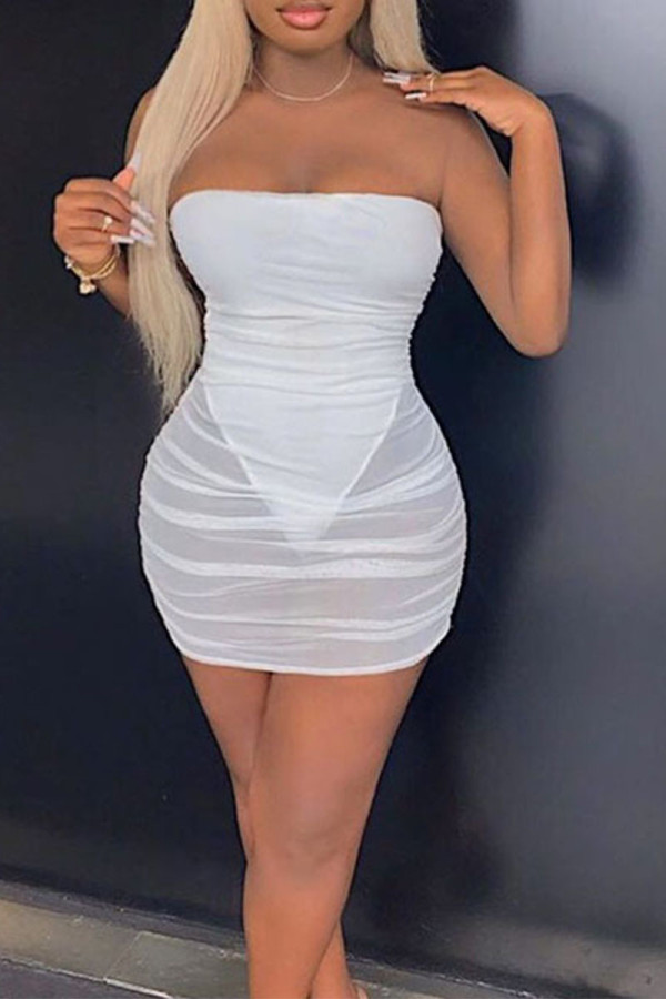 White Sexy Solid Patchwork See-through Fold Strapless Pencil Skirt Dresses