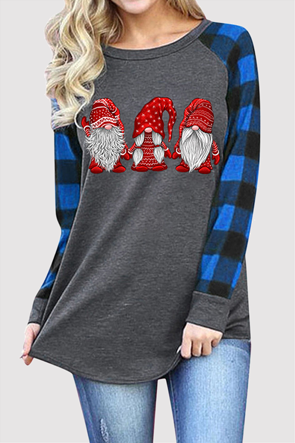 Gray Blue Casual Plaid Santa Claus Patchwork Contrast O Neck Tops
