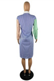 Multicolor Fashion Casual Striped Patchwork Asymmetrical Turndown Collar Shirt Dress