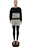 Black Fashion Casual Print Leopard Draw String Hooded Collar Long Sleeve Two Pieces