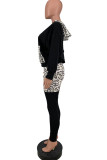 Black Fashion Casual Print Leopard Draw String Hooded Collar Long Sleeve Two Pieces