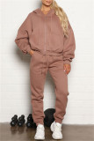 Light Brown Fashion Casual Solid Basic Hooded Collar Long Sleeve Two Pieces