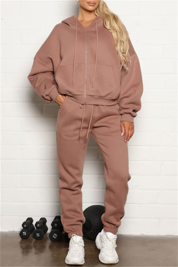Light Brown Fashion Casual Solid Basic Hooded Collar Long Sleeve Two Pieces