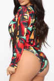 Black Fashion Sexy Print Patchwork Zipper Collar Long Sleeve Skinny Romper