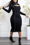 Black Sexy Solid Hollowed Out Patchwork O Neck One Step Skirt Dresses