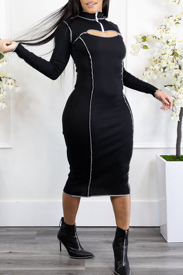 Black Sexy Solid Hollowed Out Patchwork O Neck One Step Skirt Dresses