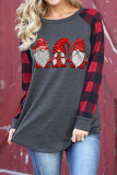 Gray Green Casual Plaid Santa Claus Patchwork Contrast O Neck Tops