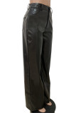 Black Fashion Casual Solid Basic Regular High Waist Straight Trousers