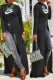 Black Fashion Street Print Slit O Neck Tops