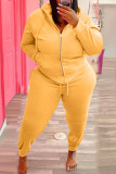 Yellow Fashion Casual Solid Hot Drill Hooded Collar Plus Size Two Pieces