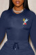 Navy Blue Vintage Cute Print Patchwork O Neck Tops