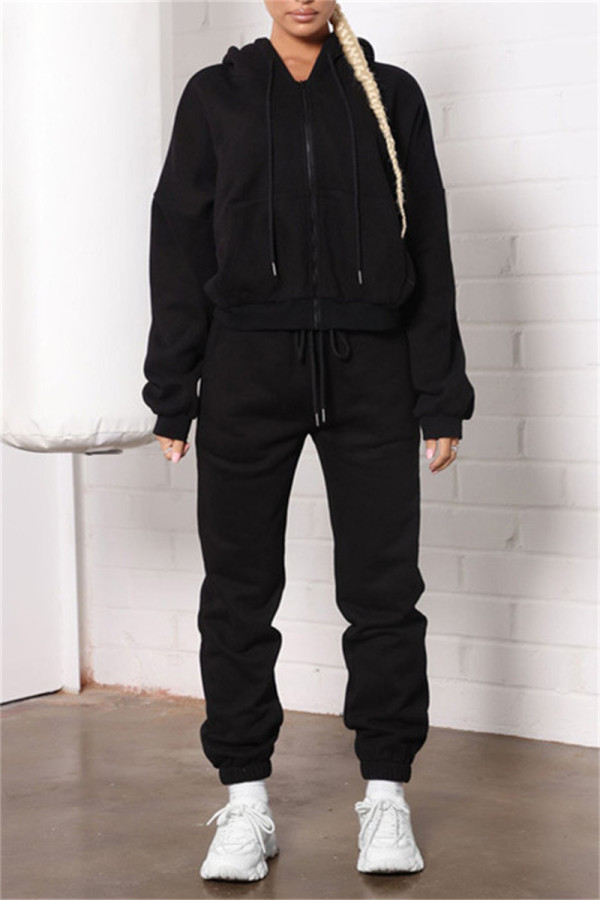 Black Fashion Casual Solid Basic Hooded Collar Long Sleeve Two Pieces