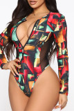 Black Fashion Sexy Print Patchwork Zipper Collar Long Sleeve Skinny Romper