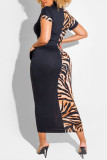 Black Casual Print Patchwork O Neck Straight Dresses