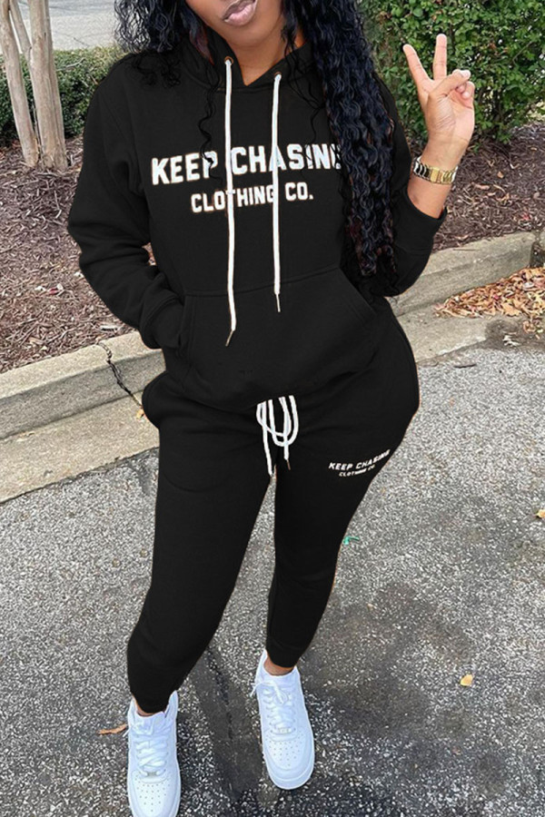 Black Casual Print Patchwork Hooded Collar Long Sleeve Two Pieces