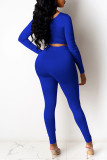 Blue Casual Sportswear Solid Basic U Neck Long Sleeve Two Pieces