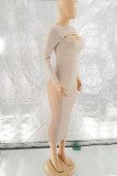 Apricot Sexy Solid Hollowed Out Patchwork See-through O Neck One Step Skirt Dresses