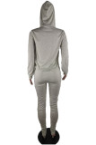 Grey Fashion Casual Print Basic Hooded Collar Long Sleeve Two Pieces