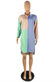 Multicolor Fashion Casual Striped Patchwork Asymmetrical Turndown Collar Shirt Dress