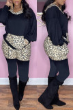 Black Fashion Casual Print Leopard Draw String Hooded Collar Long Sleeve Two Pieces