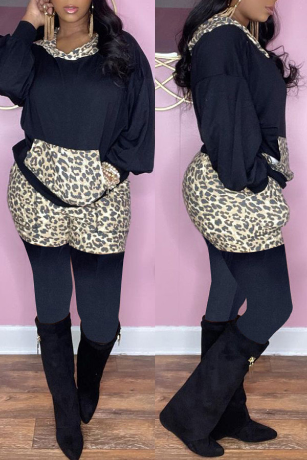 Black Fashion Casual Print Leopard Draw String Hooded Collar Long Sleeve Two Pieces