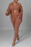 Brown Fashion Casual Solid Cardigan Vests Pants Turndown Collar Long Sleeve Three-piece Set