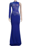 Blue Sexy Solid Patchwork Hot Drill Half A Turtleneck Evening Dress Dresses