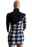Black Gray Fashion Plaid Print Hollowed Out Patchwork Turtleneck Long Sleeve Plus Size Dress