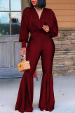 Burgundy Fashion Casual Solid Basic V Neck Long Sleeve Two Pieces