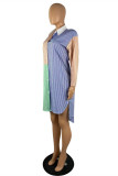 Multicolor Fashion Casual Striped Patchwork Asymmetrical Turndown Collar Shirt Dress