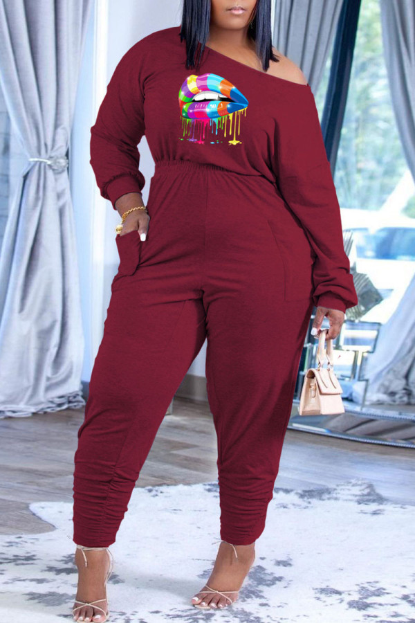 Burgundy Casual Print Patchwork O Neck Long Sleeve Two Pieces