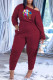 Burgundy Casual Print Patchwork O Neck Long Sleeve Two Pieces