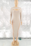 Apricot Sexy Solid Hollowed Out Patchwork See-through O Neck One Step Skirt Dresses