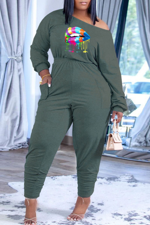 Light Green Casual Print Patchwork O Neck Long Sleeve Two Pieces