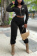 Black Fashion Street Print Patchwork Hooded Collar Long Sleeve Two Pieces
