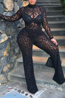 Black Sexy Print Split Joint See-through O Neck Plus Size Jumpsuits
