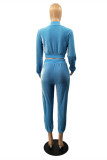 Blue Fashion Casual Solid Basic Zipper Collar Long Sleeve Two Pieces