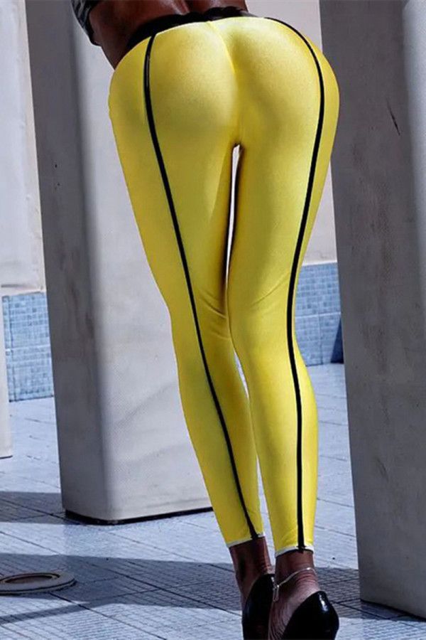 Yellow Casual Sportswear Solid Patchwork Skinny High Waist Pencil Trousers