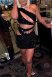 Black Sexy Patchwork Hollowed Out Sequins Backless Oblique Collar Sleeveless Dress