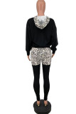 Black Fashion Casual Print Leopard Draw String Hooded Collar Long Sleeve Two Pieces