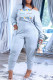 Grey Casual Print Patchwork O Neck Long Sleeve Two Pieces